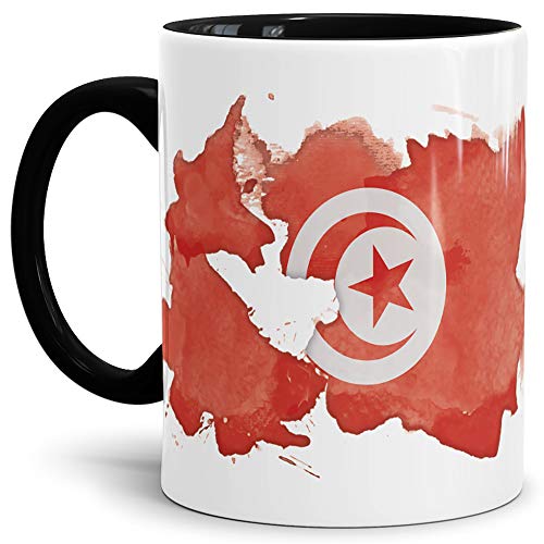 Flaggen-Tasse Tunesien Innen & Henkel Schwarz - Fahne/Länderfarbe/Wasserfarbe/Aquarell/Cup/Tor/Qualität Made in Germany von Tassendruck