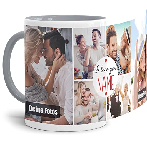 Foto-Tasse selbst gestalten - I Love You - Collage mit 6 Fotos & Name - Geschenk für Familie, Freunde, Paar, Geburtstag, Weihnachten - Keramik, Innen & Henkel Grau, 300 ml von Tassendruck