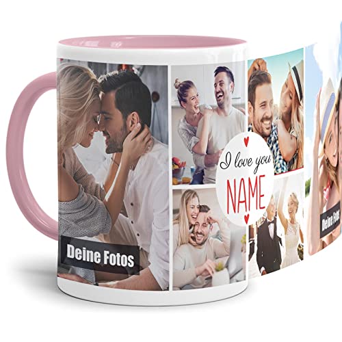 Foto-Tasse selbst gestalten - I Love You - Collage mit 6 Fotos & Name - Geschenk für Familie, Freunde, Paar, Geburtstag, Weihnachten - Keramik, Innen & Henkel Rosa, 300 ml von Tassendruck