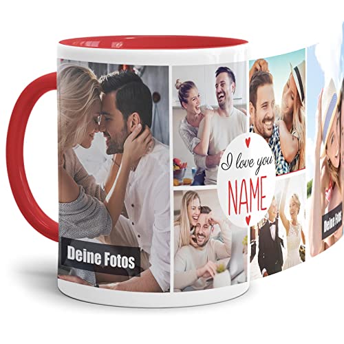 Foto-Tasse selbst gestalten - I Love You - Collage mit 6 Fotos & Name - Geschenk für Familie, Freunde, Paar, Geburtstag, Weihnachten - Keramik, Innen & Henkel Rot, 300 ml von Tassendruck