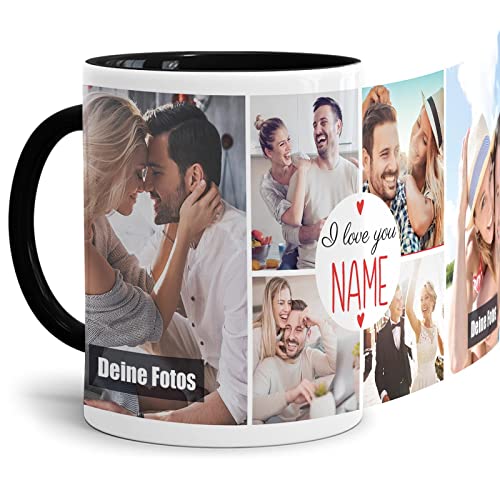 Foto-Tasse selbst gestalten - I Love You - Collage mit 6 Fotos & Name - Geschenk für Familie, Freunde, Paar, Geburtstag, Weihnachten - Keramik, Innen & Henkel Schwarz, 300 ml von Tassendruck