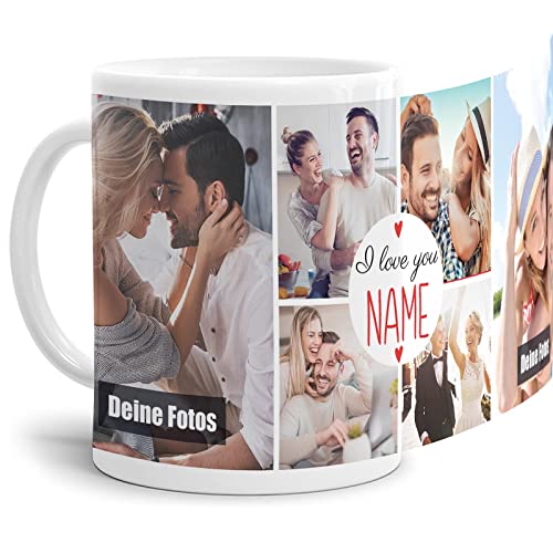 Foto-Tasse selbst gestalten - I Love You - Collage mit 6 Fotos & Name - Geschenk für Familie, Freunde, Paar, Geburtstag, Weihnachten - Keramik, Weiß, 300 ml von Tassendruck