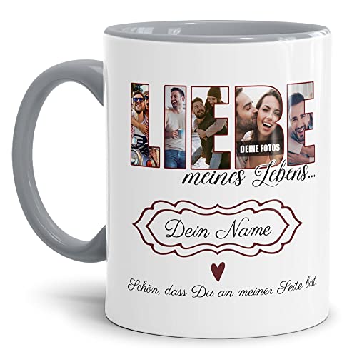 Foto-Tasse selbst gestalten - Liebe meines Lebens - Collage mit 5 Fotos & Name - Geschenk für Familie, Freunde, Paar, Geburtstag, Weihnachten - Keramik, Innen & Henkel Grau, 300 ml von Tassendruck