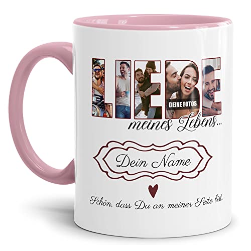 Foto-Tasse selbst gestalten - Liebe meines Lebens - Collage mit 5 Fotos & Name - Geschenk für Familie, Freunde, Paar, Geburtstag, Weihnachten - Keramik, Innen & Henkel Rosa, 300 ml von Tassendruck