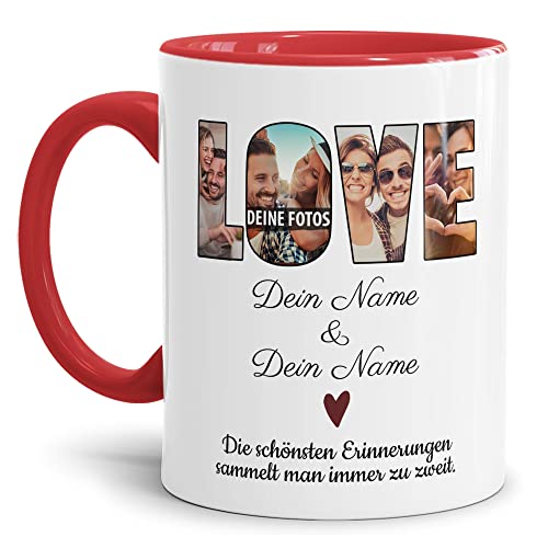 Foto-Tasse selbst gestalten - Love, die schönsten Erinnerungen - Collage mit 4 Fotos & Namen - Geschenk für Familie, Paar, Geburtstag, Weihnachten - Keramik, Innen & Henkel Rot, 300 ml von Tassendruck