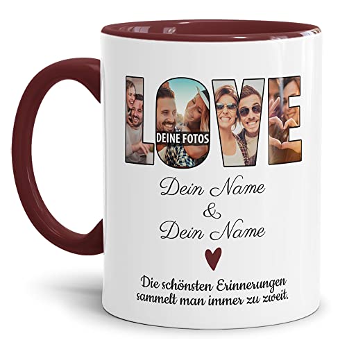 Foto-Tasse selbst gestalten - Love, die schönsten Erinnerungen - Collage mit 4 Fotos & Namen - Geschenk für Familie, Paar, Geburtstag, Weihnachten - Keramik, Innen & Henkel Weinrot, 300 ml von Tassendruck