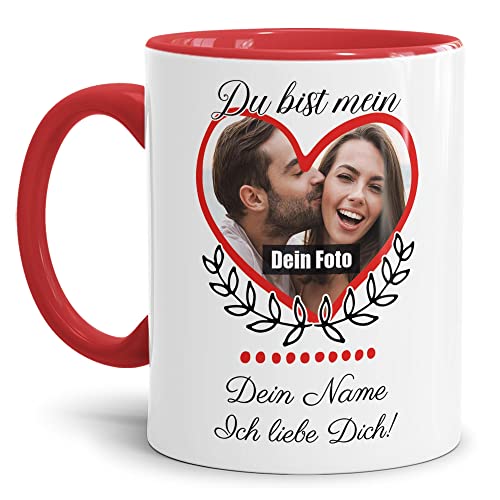 Foto-Tasse selbst gestalten mit Foto & Name - Du bist Mein Herz - Geschenk für Familie, Freunde, Paar, Geburtstag, Weihnachten - Keramik, Innen & Henkel Rot, 300 ml von Tassendruck