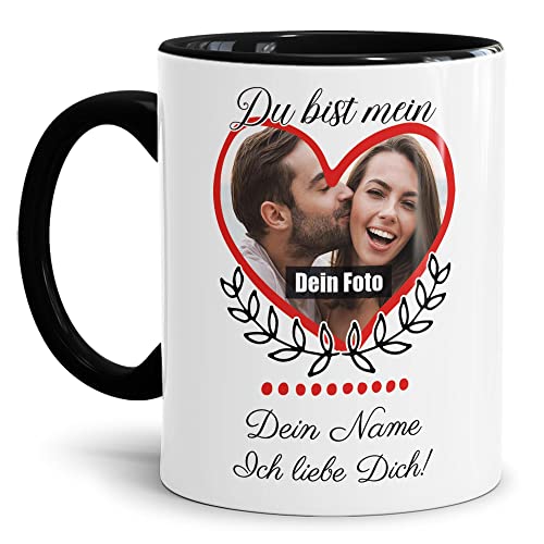 Foto-Tasse selbst gestalten mit Foto & Name - Du bist Mein Herz - Geschenk für Familie, Freunde, Paar, Geburtstag, Weihnachten - Keramik, Innen & Henkel Schwarz, 300 ml von Tassendruck