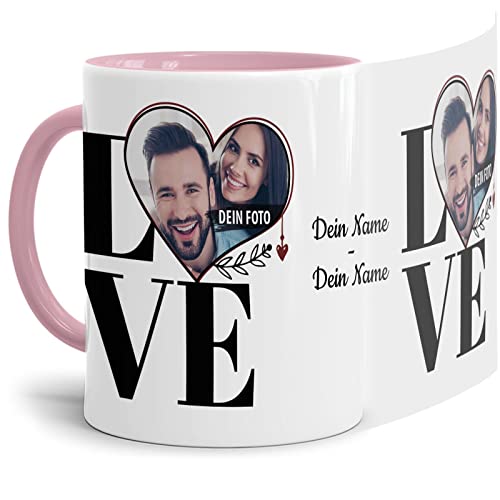 Foto-Tasse selbst gestalten mit Foto & Namen - Love in schwarz - Geschenk für Familie, Freunde, Paar, Geburtstag, Weihnachten - Keramik, Innen & Henkel Rosa, 300 ml von Tassendruck