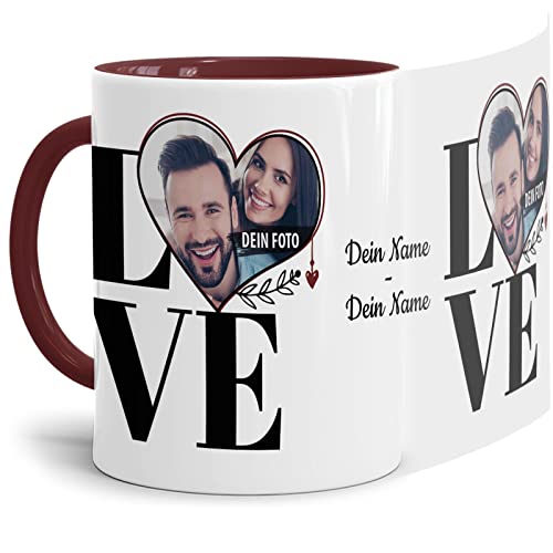 Foto-Tasse selbst gestalten mit Foto & Namen - Love in schwarz - Geschenk für Familie, Freunde, Paar, Geburtstag, Weihnachten - Keramik, Innen & Henkel Weinrot, 300 ml von Tassendruck