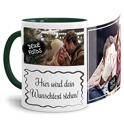 Foto-Tasse selbst gestalten mit Text & Collage für 2 Fotos - Geschenk für Familie, Freunde, Geburtstag, Weihnachten - Keramik Innen & Henkel Dunkelgrün, 300 ml I Personalisiert von Tassendruck