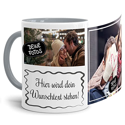 Foto-Tasse selbst gestalten mit Text & Collage für 2 Fotos - Geschenk für Familie, Freunde, Geburtstag, Weihnachten - Keramik Innen & Henkel Grau, 300 ml I Personalisiert von Tassendruck