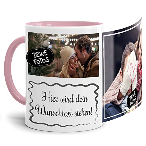 Foto-Tasse selbst gestalten mit Text & Collage für 2 Fotos - Geschenk für Familie, Freunde, Geburtstag, Weihnachten - Keramik Innen & Henkel Rosa, 300 ml I Personalisiert von Tassendruck