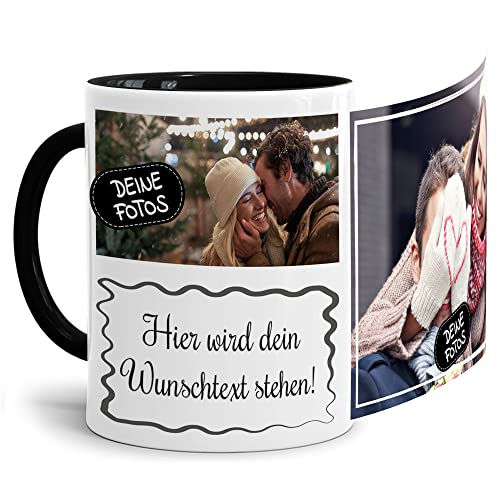 Foto-Tasse selbst gestalten mit Text & Collage für 2 Fotos - Geschenk für Familie, Freunde, Geburtstag, Weihnachten - Keramik Innen & Henkel Schwarz, 300 ml I Personalisiert von Tassendruck