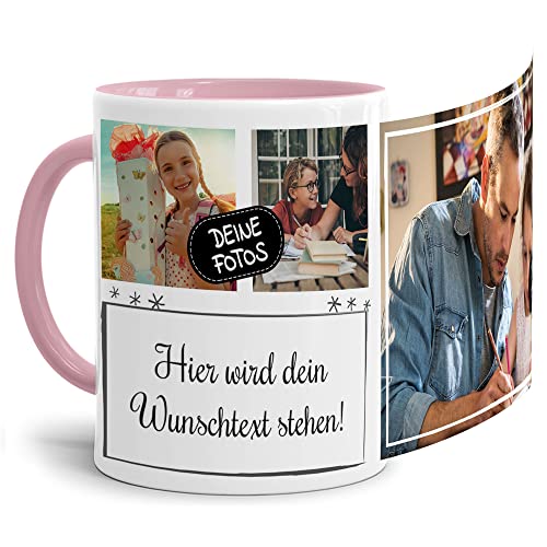 Foto-Tasse selbst gestalten mit Text & Collage für 3 Fotos - Geschenk für Familie, Freunde, Geburtstag, Weihnachten - Keramik Innen & Henkel Rosa, 300 ml I Personalisiert von Tassendruck