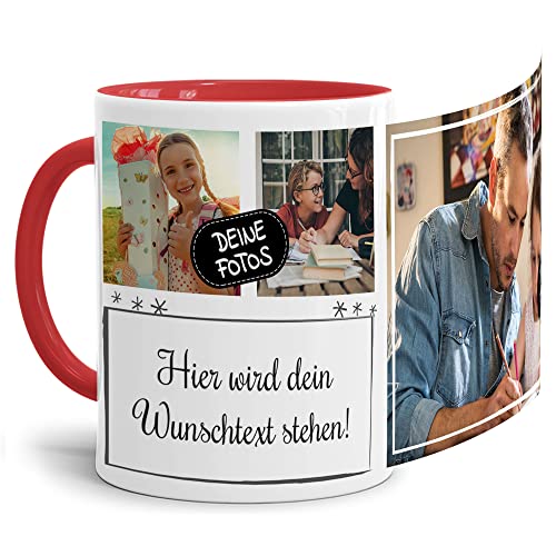 Foto-Tasse selbst gestalten mit Text & Collage für 3 Fotos - Geschenk für Familie, Freunde, Geburtstag, Weihnachten - Keramik Innen & Henkel Rot, 300 ml I Personalisiert von Tassendruck