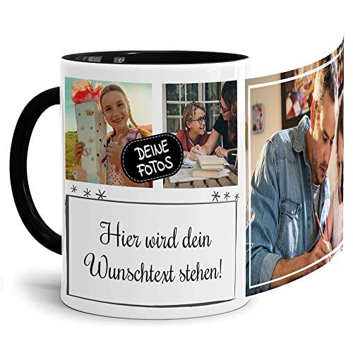 Foto-Tasse selbst gestalten mit Text & Collage für 3 Fotos - Geschenk für Familie, Freunde, Geburtstag, Weihnachten - Keramik Innen & Henkel Schwarz, 300 ml I Personalisiert von Tassendruck