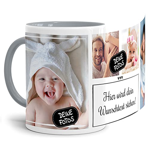 Foto-Tasse selbst gestalten mit Text & Collage für 4 Fotos - Geschenk für Familie, Freunde, Geburtstag, Weihnachten - Keramik Innen & Henkel Grau, 300 ml I Personalisiert von Tassendruck