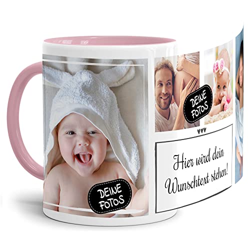 Foto-Tasse selbst gestalten mit Text & Collage für 4 Fotos - Geschenk für Familie, Freunde, Geburtstag, Weihnachten - Keramik Innen & Henkel Rosa, 300 ml I Personalisiert von Tassendruck