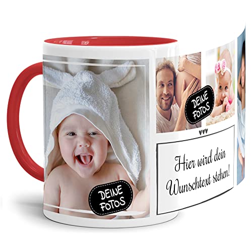 Foto-Tasse selbst gestalten mit Text & Collage für 4 Fotos - Geschenk für Familie, Freunde, Geburtstag, Weihnachten - Keramik Innen & Henkel Rot, 300 ml I Personalisiert von Tassendruck