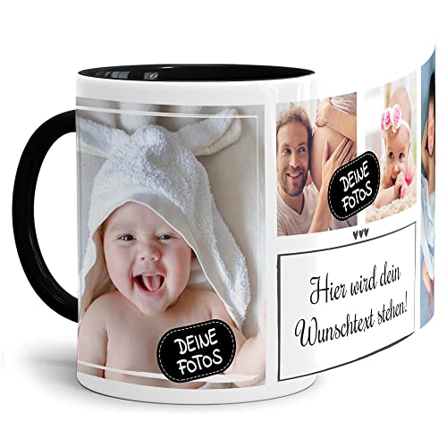 Foto-Tasse selbst gestalten mit Text & Collage für 4 Fotos - Geschenk für Familie, Freunde, Geburtstag, Weihnachten - Keramik Innen & Henkel Schwarz, 300 ml I Personalisiert von Tassendruck