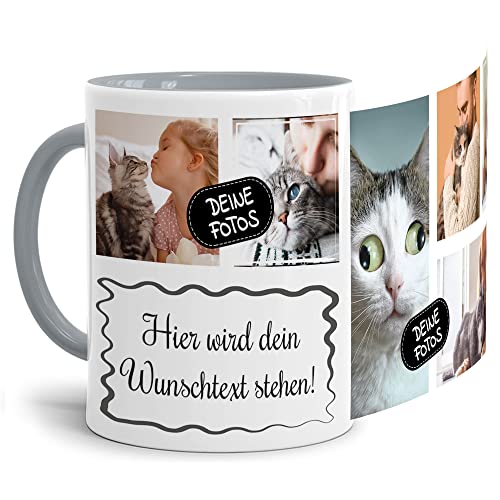 Foto-Tasse selbst gestalten mit Text & Collage für 6 Fotos - Geschenk für Familie, Freunde, Geburtstag, Weihnachten - Keramik Innen & Henkel Grau, 300 ml I Personalisiert von Tassendruck