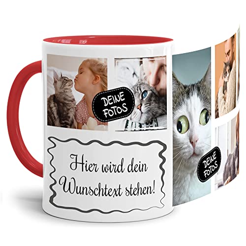 Foto-Tasse selbst gestalten mit Text & Collage für 6 Fotos - Geschenk für Familie, Freunde, Geburtstag, Weihnachten - Keramik Innen & Henkel Rot, 300 ml I Personalisiert von Tassendruck