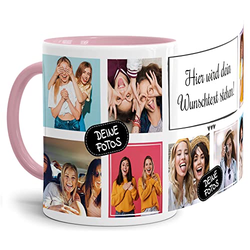 Foto-Tasse selbst gestalten mit Text & Collage für 8 Fotos - Geschenk für Familie, Freunde, Geburtstag, Weihnachten - Keramik Innen & Henkel Rosa, 300 ml I Personalisiert von Tassendruck