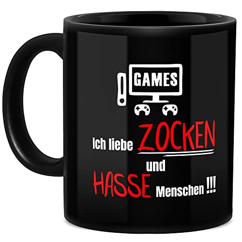 Gaming-Tasse mit coolem Spruch - Ich liebe zocken & hasse Menschen - Lustige Geschenke für Zocker, Gamer, Geburtstag, Kumpels, Zocken - Foto-Tasse Keramik schwarz, 330 ml von Tassendruck