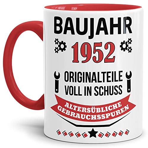 Geburtstags-Tasse Baujahr 1952" Innen & Henkel Rot/Kaffee-Tasse/Mug/Cup/Becher/Lustig/Witzig/Fun/Geschenk-Idee/Geburts-Jahr/Scherz-Artikel/Geburtstags-Geschenk von Tassendruck