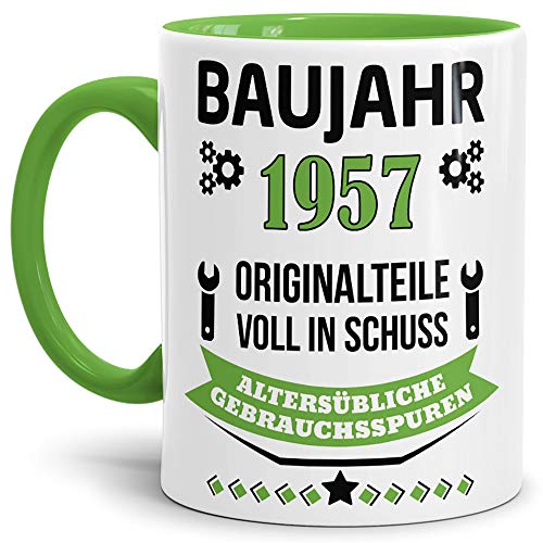 Geburtstags-Tasse Baujahr 1957" Innen & Henkel Hellgrün/Kaffee-Tasse/Mug/Cup/Becher/Lustig/Witzig/Fun/Geschenk-Idee/Geburts-Jahr/Scherz-Artikel/Geburtstags-Geschenk von Tassendruck