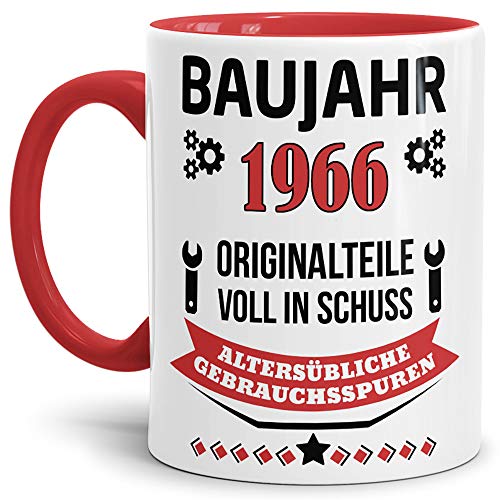 Geburtstags-Tasse Baujahr 1966" Innen & Henkel Rot/Kaffee-Tasse/Mug/Cup/Becher/Lustig/Witzig/Fun/Geschenk-Idee/Geburts-Jahr/Scherz-Artikel/Geburtstags-Geschenk von Tassendruck