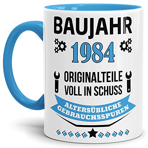 Geburtstags-Tasse Baujahr 1984" Innen & Henkel Hellblau/Kaffee-Tasse/Mug/Cup/Becher/Lustig/Witzig/Fun/Geschenk-Idee/Geburts-Jahr/Scherz-Artikel/Geburtstags-Geschenk von Tassendruck