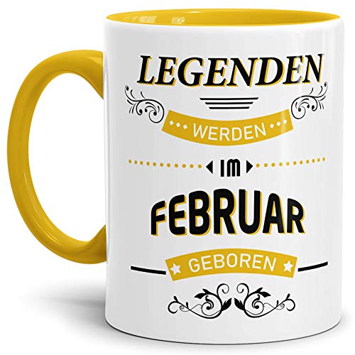 Geburtstags-Tasse Legenden werden im Februar geboren Innen & Henkel Gelb - Kaffee-Tasse/Mug/Cup/Becher/Fun/Geschenk-Idee/Geburts-Jahr/Geschenk zum Geburtstag von Tassendruck