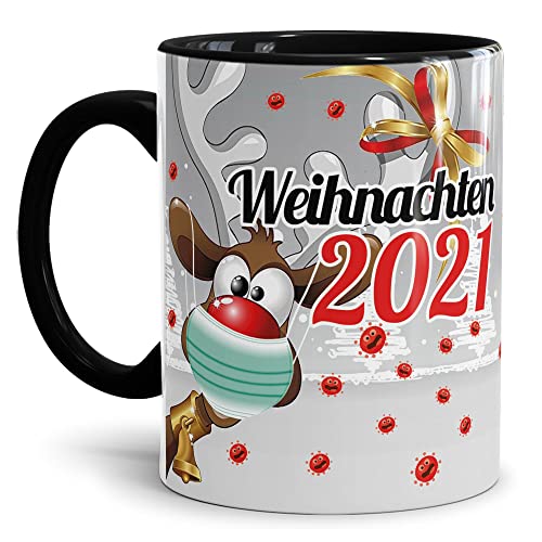 Geschenk Tasse - Rentier - Weihnachtgeschenk 2021 / Witzige Geschenkidee für Freunde/Weihnachten mit Virus - Innen & Henkel Schwarz von Tassendruck