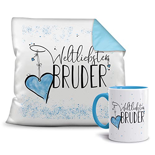 Geschenkset für den Weltbesten Bruder - Tasse und Kissen - Himmelblau/Verwandte/Geschenk-Idee/Liebling/Familie von Tassendruck