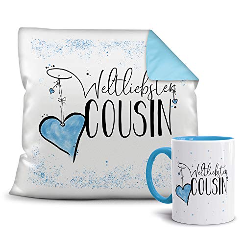 Geschenkset für den Weltbesten Cousin - Tasse und Kissen - Himmelblau/Verwandte/Geschenk-Idee/Liebling/Familie von Tassendruck