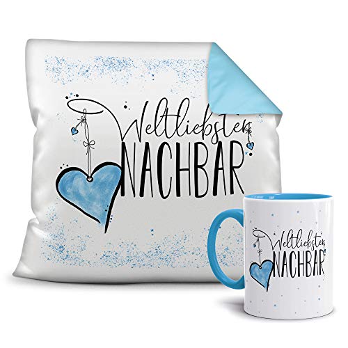 Geschenkset für den Weltbesten Nachbar - Tasse und Kissen - Himmelblau/Verwandte/Geschenk-Idee/Liebling/Familie von Tassendruck