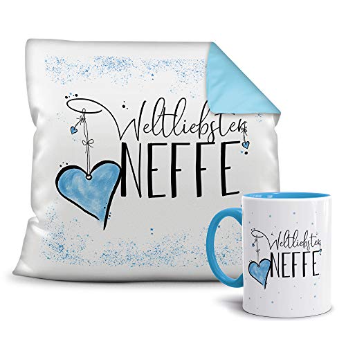 Geschenkset für den Weltbesten Neffe - Tasse und Kissen - Himmelblau/Verwandte/Geschenk-Idee/Liebling/Familie von Tassendruck