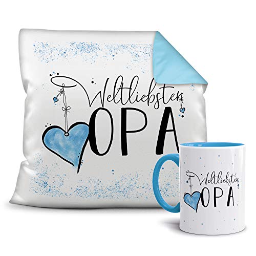 Geschenkset für den Weltbesten Opa - Tasse und Kissen - Himmelblau/Verwandte/Geschenk-Idee/Liebling/Familie von Tassendruck