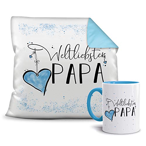 Geschenkset für den Weltliebsten Papa - Tasse und Kissen - Himmelblau/Verwandte/Geschenk-Idee/Liebling/Familie von Tassendruck