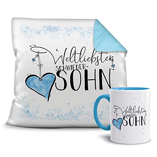 Geschenkset für den Weltliebsten Schwiegersohn - Tasse und Kissen - Himmelblau/Verwandte/Geschenk-Idee/Liebling/Familie von Tassendruck