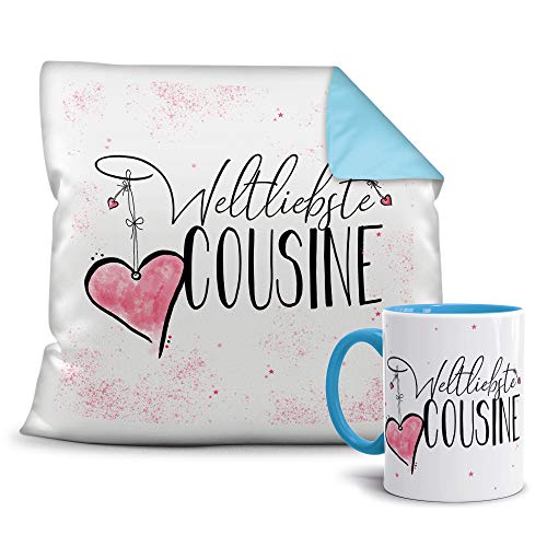 Geschenkset für die Weltbeste Cousine - Tasse und Kissen - Himmelblau/Verwandte/Geschenk-Idee/Liebling/Familie von Tassendruck