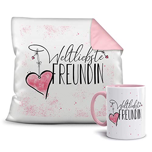 Geschenkset für die Weltbeste Freundin - Tasse und Kissen - Altrosa/Verwandte/Geschenk-Idee/Liebling/Familie von Tassendruck