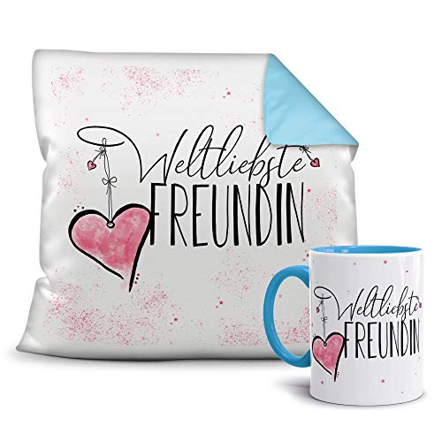 Geschenkset für die Weltbeste Freundin - Tasse und Kissen - Himmelblau/Verwandte/Geschenk-Idee/Liebling/Familie von Tassendruck