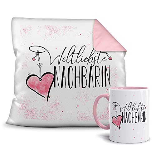 Geschenkset für die Weltbeste Nachbarin - Tasse und Kissen - Altrosa/Verwandte/Geschenk-Idee/Liebling/Familie von Tassendruck