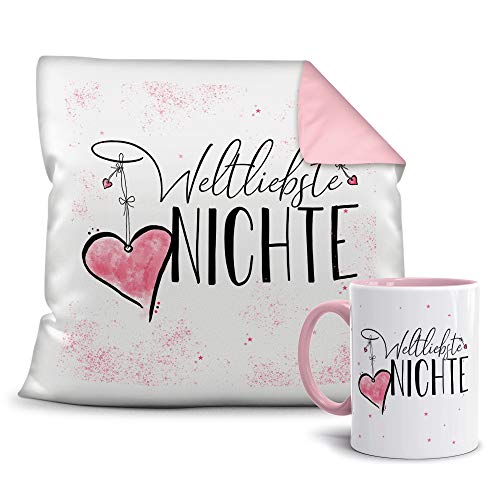 Geschenkset für die Weltbeste Nichte - Tasse und Kissen - Altrosa/Verwandte/Geschenk-Idee/Liebling/Familie von Tassendruck