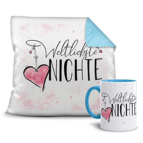 Geschenkset für die Weltbeste Nichte - Tasse und Kissen - Himmelblau/Verwandte/Geschenk-Idee/Liebling/Familie von Tassendruck