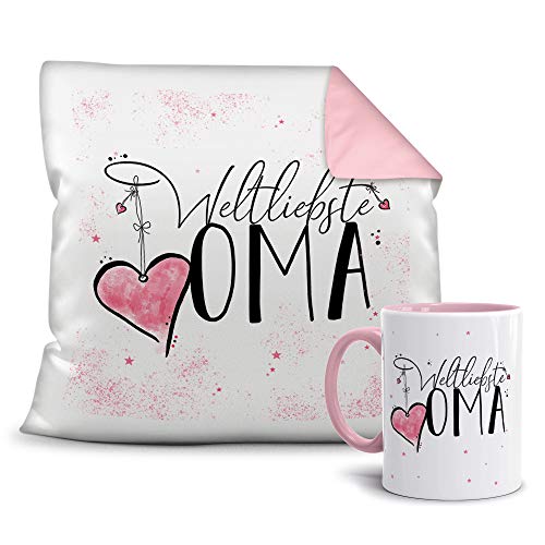 Geschenkset für die Weltbeste Oma - Tasse und Kissen - Altrosa/Verwandte/Geschenk-Idee/Liebling/Familie von Tassendruck