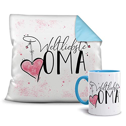 Geschenkset für die Weltbeste Oma - Tasse und Kissen - Himmelblau/Verwandte/Geschenk-Idee/Liebling/Familie von Tassendruck